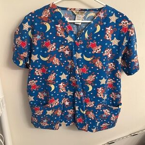 Comfy Cotton Monkey with Moon/Stars Design Scrub Top Sz Large